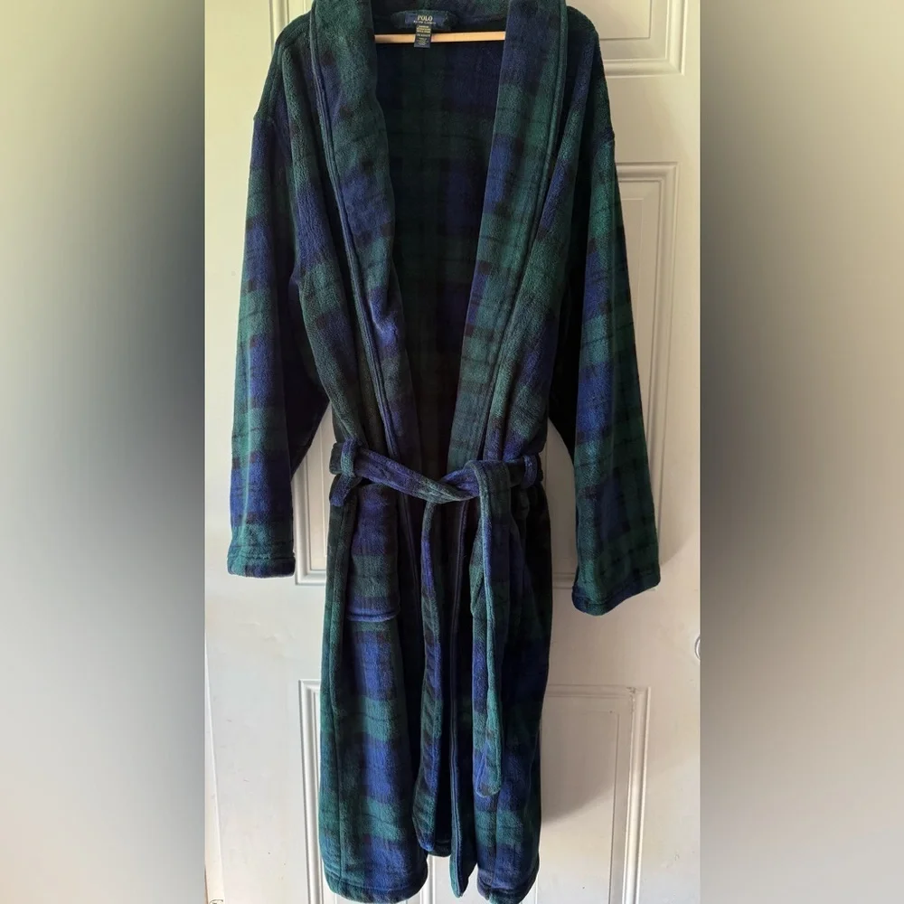 Polo Ralph Lauren Green and Blue Plaid Tartan Plush Long Robe